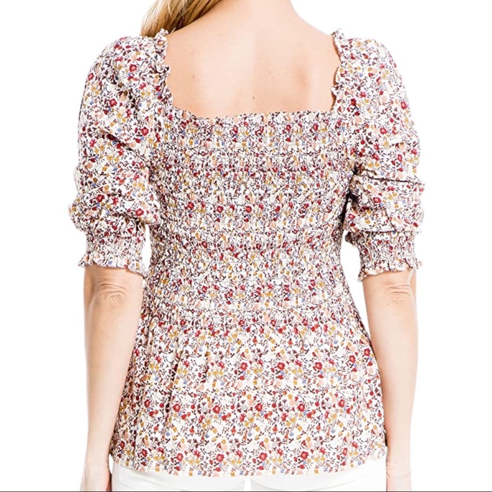 Max Studio Cottagecore Floral Print Rayon Smocked Elbow Sleeve Peasant Top - Picture 4 of 12